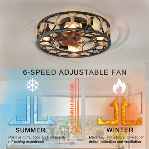 Misty Valley Caged Ceiling Fan with Lights and Remote Control, Low Profile Flush Mount Farmhouse Modern Ceiling fans, 6 Speeds Reversible Blades, 5 LED Bulbs Include