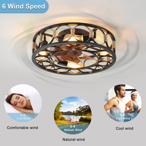 Misty Valley Caged Ceiling Fan with Lights and Remote Control, Low Profile Flush Mount Farmhouse Modern Ceiling fans, 6 Speeds Reversible Blades, 5 LED Bulbs Include