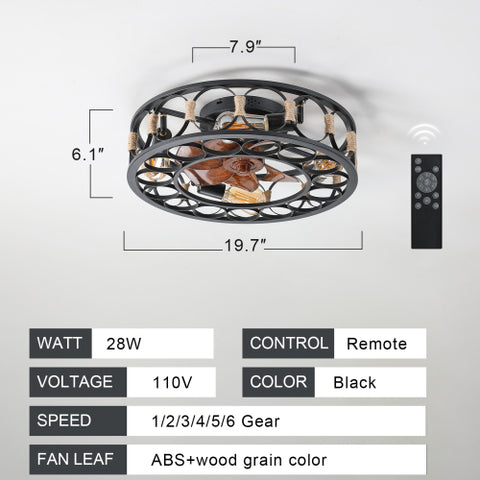Misty Valley Caged Ceiling Fan with Lights and Remote Control, Low Profile Flush Mount Farmhouse Modern Ceiling fans, 6 Speeds Reversible Blades, 5 LED Bulbs Include