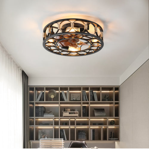 Misty Valley Caged Ceiling Fan with Lights and Remote Control, Low Profile Flush Mount Farmhouse Modern Ceiling fans, 6 Speeds Reversible Blades, 5 LED Bulbs Include