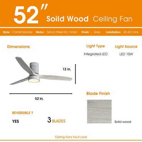 Misty Valley 52in. Sold Wood Taupe Indoor Low Profile Remote Control LED Ceiling Fan with Light