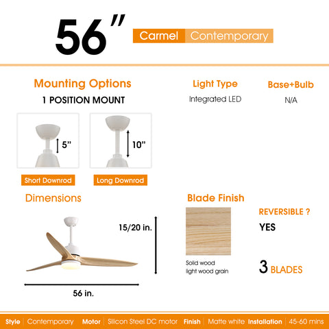 Misty Valley 56in. Modern White Ceiling Fan Light With 6 Speed Remote Energy-saving DC Motor