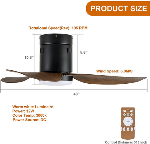 Misty Valley Simple Deluxe 40in. Ceiling Fan with LED Light and Remote Control, 6-Speed Modes, 2 Rotating Modes , Timer