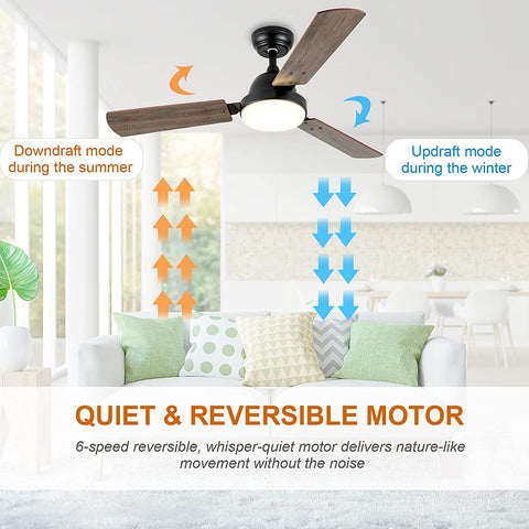 Misty Valley Simple Deluxe 44in. Modern Reversible Ceiling Fan with LED Light and Remote Control, 6-Speed Modes, Time