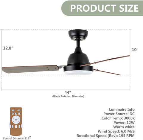 Misty Valley Simple Deluxe 44in. Modern Reversible Ceiling Fan with LED Light and Remote Control, 6-Speed Modes, Time