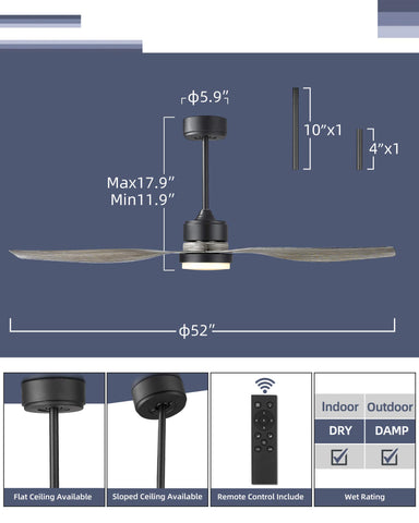 Misty ValleY 52in. Modern Reversible Ceiling Fan with Light, LED Propeller Ceiling Fan with Remote Control