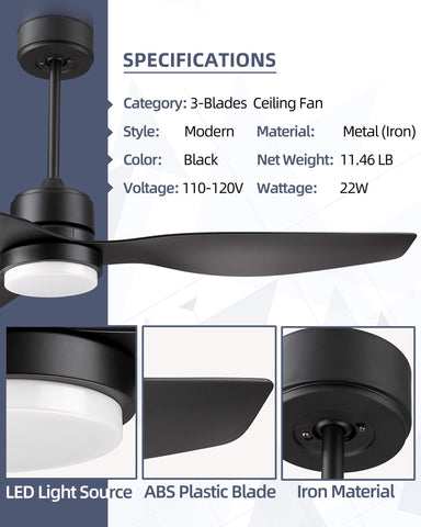 Misty Valley Modern Black Solid Wood LED Standard Ceiling Fan with Light,Remote Control