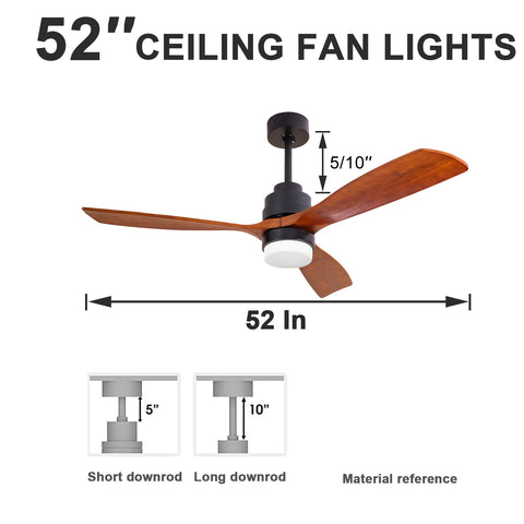 Misty Valley 52in. Solid Wood Ceiling Fan with Light, Brown Noiseless Reversible Motor for Living room, Bedroom,