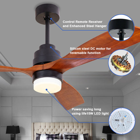 Misty Valley 52in. Solid Wood Ceiling Fan with Light, Brown Noiseless Reversible Motor for Living room, Bedroom,