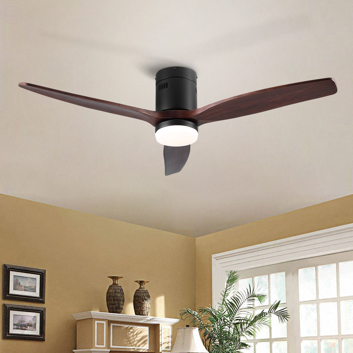 Misty Valley 52in. LED Modern Brown Solid Wood Low Profile Ceiling Fan with Light