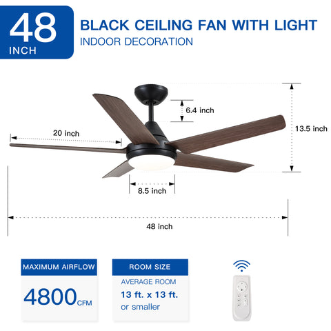 Misty Valley 48in. Modern LED Brown Wood Blade Ceiling Fan with Light, Remote Control