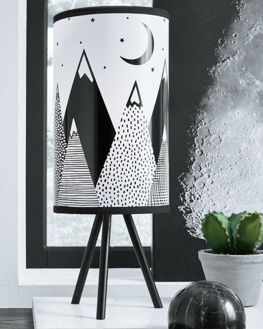 Misty Valley Mountain Motif Drum Hardback Shade Black Casual Table Lamp