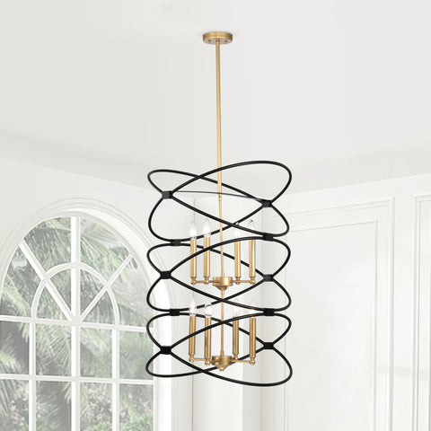 Misty Valley 8-Light Transitional Black Metal Chandelier Fixture,2-Tier-Candle Ceiling Light for Living Room, Bedroom, Dining Room，Dimmable，E12，W23.6*H55Transitional Gold/Matte Black Metal Chandelier,2-Tier-Candle Ceiling Light for Living Room, W23.6*H55