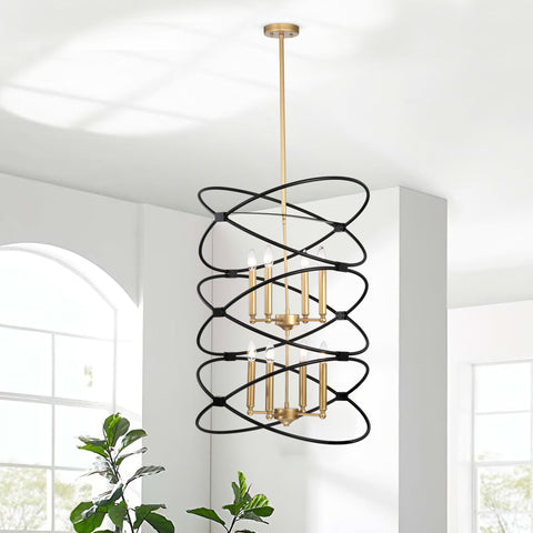 Misty Valley 8-Light Transitional Black Metal Chandelier Fixture,2-Tier-Candle Ceiling Light for Living Room, Bedroom, Dining Room，Dimmable，E12，W23.6*H55Transitional Gold/Matte Black Metal Chandelier,2-Tier-Candle Ceiling Light for Living Room, W23.6*H55
