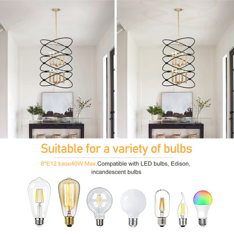 Misty Valley 8-Light Transitional Black Metal Chandelier Fixture,2-Tier-Candle Ceiling Light for Living Room, Bedroom, Dining Room，Dimmable，E12，W23.6*H55Transitional Gold/Matte Black Metal Chandelier,2-Tier-Candle Ceiling Light for Living Room, W23.6*H55