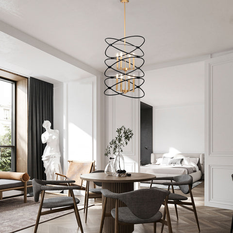 Misty Valley 8-Light Transitional Black Metal Chandelier Fixture,2-Tier-Candle Ceiling Light for Living Room, Bedroom, Dining Room，Dimmable，E12，W23.6*H55Transitional Gold/Matte Black Metal Chandelier,2-Tier-Candle Ceiling Light for Living Room, W23.6*H55