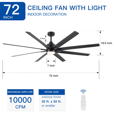 Misty Valley 72" Integrated LED Light Modern Black Ceiling Fan with Light, Remote Control Ceiling Fan