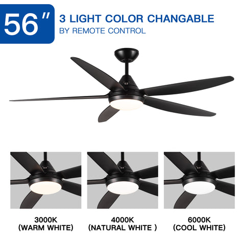 Misty Valley 56in. Integrated LED Indoor  Modern Black Ceiling Fan with Light,  5 ABS Blade