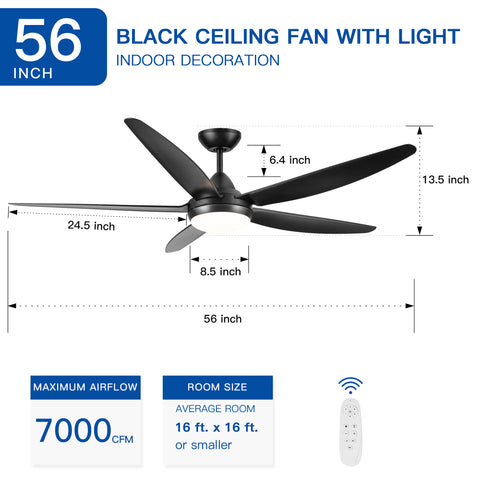 Misty Valley 56in. Integrated LED Indoor  Modern Black Ceiling Fan with Light,  5 ABS Blade