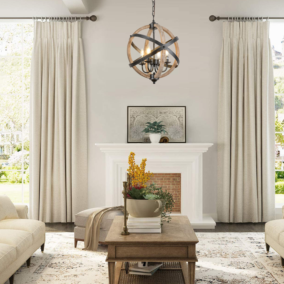 Misty Valley Farmhouse Chandelier Light Fixtures, 4-Light Adjustable Height Dining Room Wood Light Fixtures