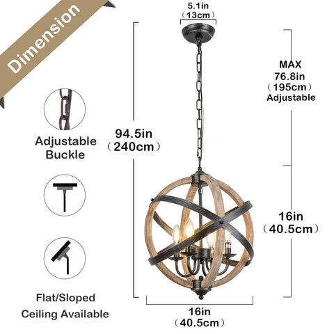 Misty Valley Farmhouse Chandelier Light Fixtures, 4-Light Adjustable Height Dining Room Wood Light Fixtures