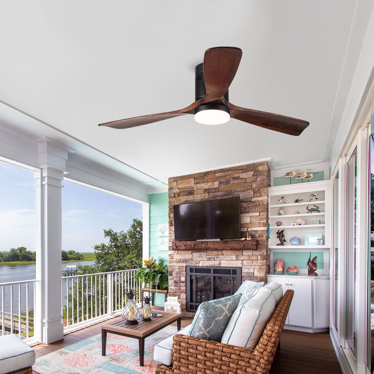 Misty Valley Integrated LED Modern Semi-Flush Ceiling Fan with Light,Solid Wood Blade