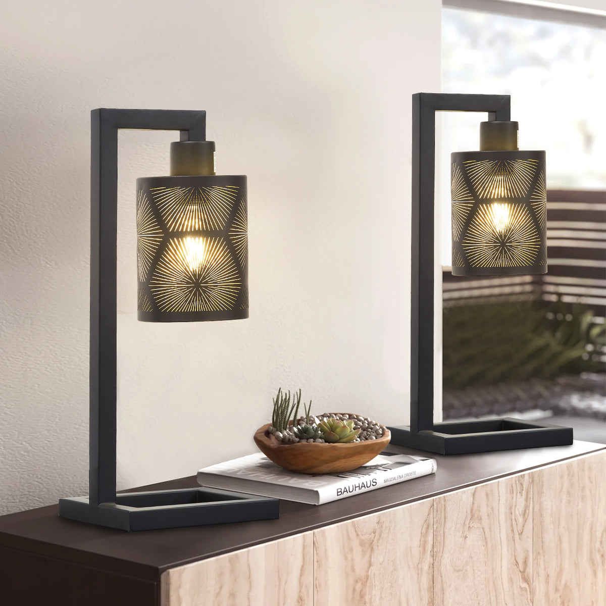 Misty Valley Modern Matte Black Metal Table Lamp for Bedroom(Set of 2)