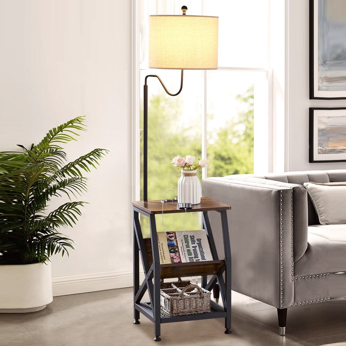 Misty Valley Side Table End Table with Floor Lamp for Living Room, Bedroom
