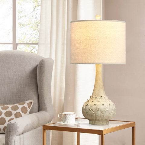 Misty Valley Modern Carved Floral Base and Fabric Lampshade,Resin Table Lamp