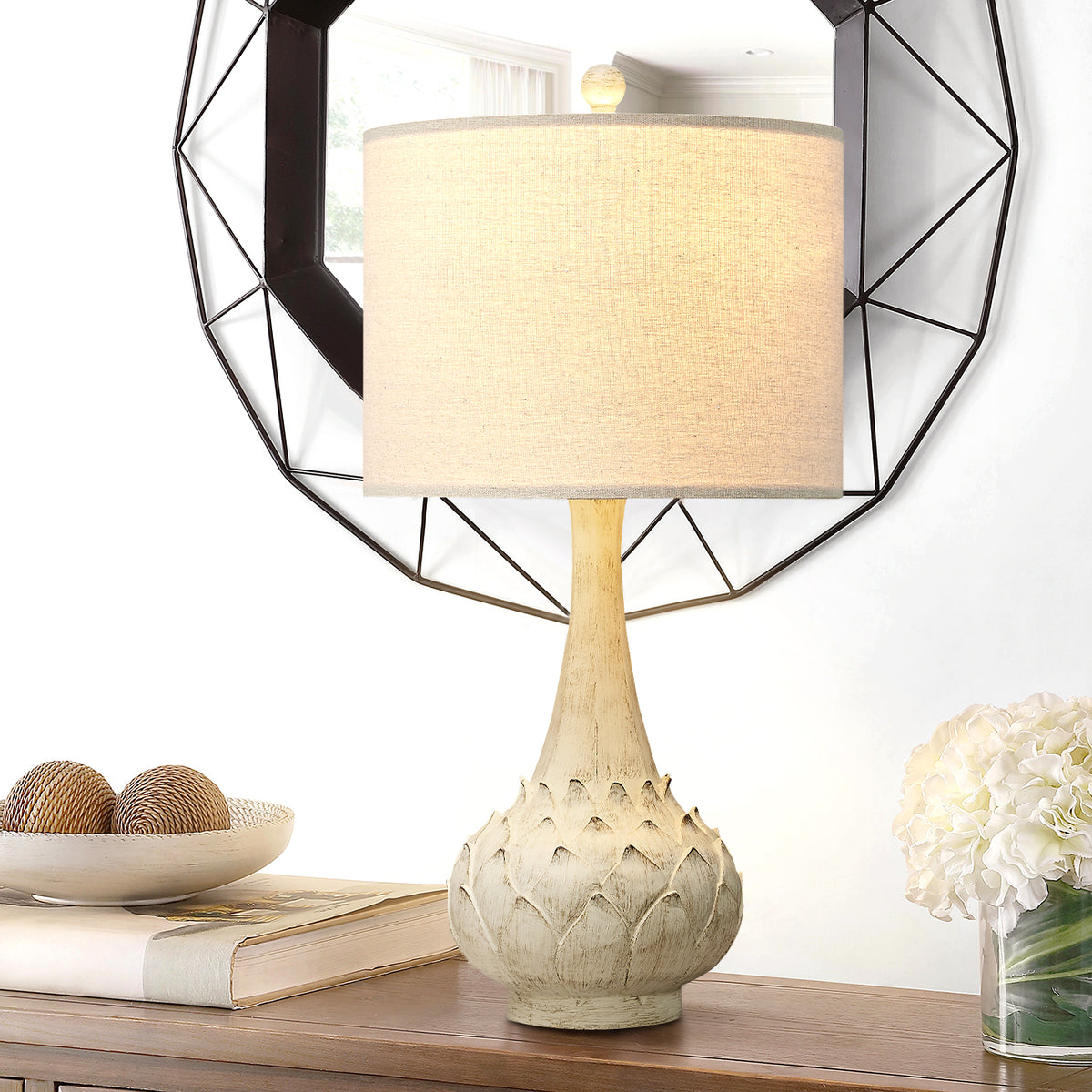 Misty Valley Modern Carved Floral Base and Fabric Lampshade,Resin Table Lamp