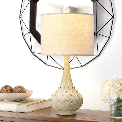 Misty Valley Modern Carved Floral Base and Fabric Lampshade,Resin Table Lamp