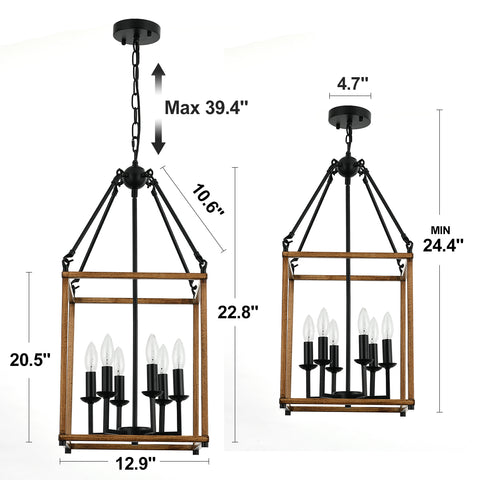 Misty Valley 6-Light Lantern Geometric Chandelier, Farmhouse Wood Ceiling Pendant Light for Living Room
