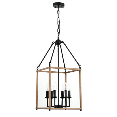 Misty Valley 6-Light Lantern Geometric Chandelier, Farmhouse Wood Ceiling Pendant Light for Living Room