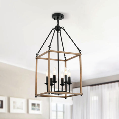 Misty Valley 6-Light Lantern Geometric Chandelier, Farmhouse Wood Ceiling Pendant Light for Living Room