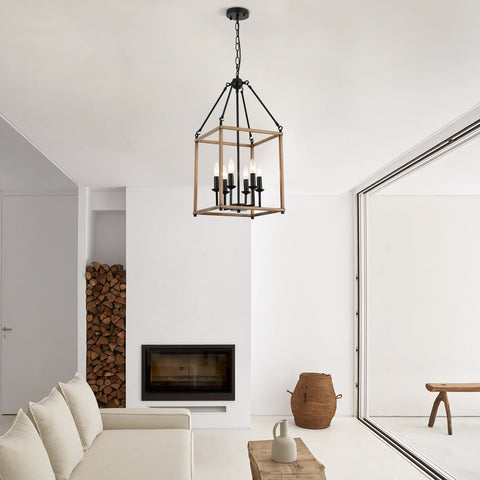 Misty Valley 6-Light Lantern Geometric Chandelier, Farmhouse Wood Ceiling Pendant Light for Living Room