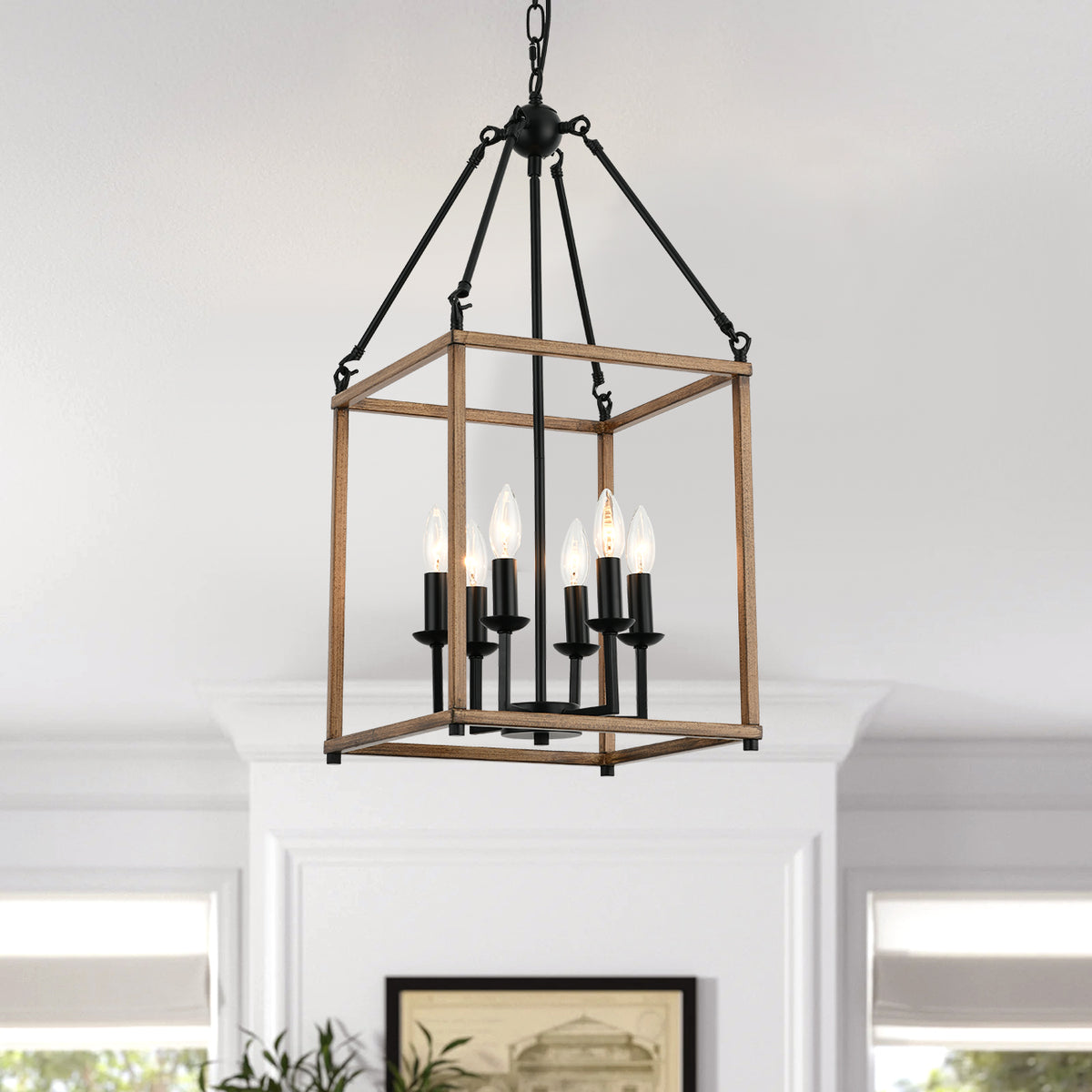 Misty Valley 6-Light Lantern Geometric Chandelier, Farmhouse Wood Ceiling Pendant Light for Living Room