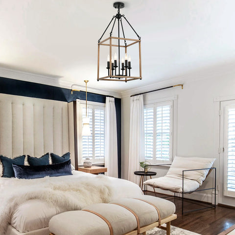 Misty Valley 6-Light Lantern Geometric Chandelier, Farmhouse Wood Ceiling Pendant Light for Living Room