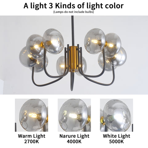 Misty Valley Modern American Chandelier-Black Gold Iron Glass Lampshade -10 bulbs -G9 Lamp Holder