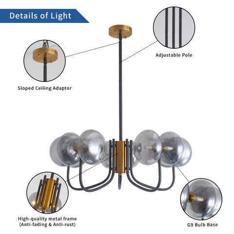 Misty Valley Modern American Chandelier-Black Gold Iron Glass Lampshade -10 bulbs -G9 Lamp Holder