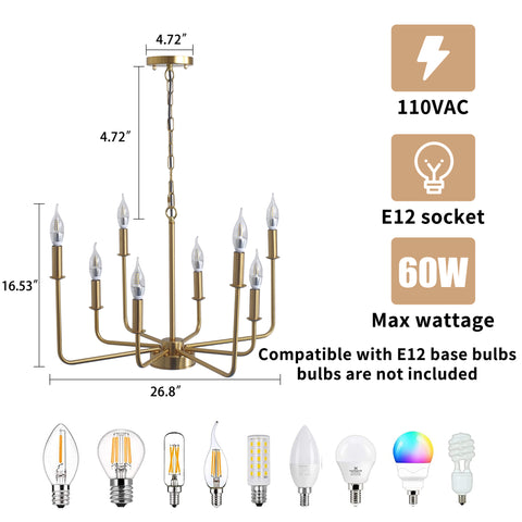 Misty Valley Modern Mid-Century 8-Light Candle Shape Golden Iron Chandelier ,E12 Lamp Holder