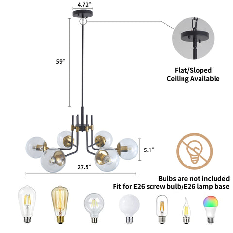 Misty Valley Modern 6-light American style Chandelier Black Gold Iron Glass Lampshade for Living Room