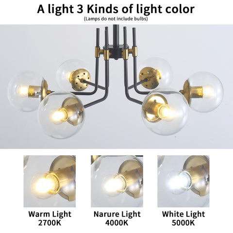 Misty Valley Modern 6-light American style Chandelier Black Gold Iron Glass Lampshade for Living Room