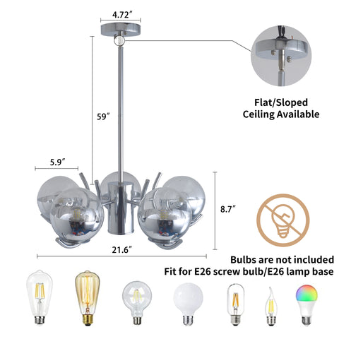 Misty Valley Modern American Chandelier-Silver Iron Glass Lampshade -6 Bulbs -E26 Lamp Holder