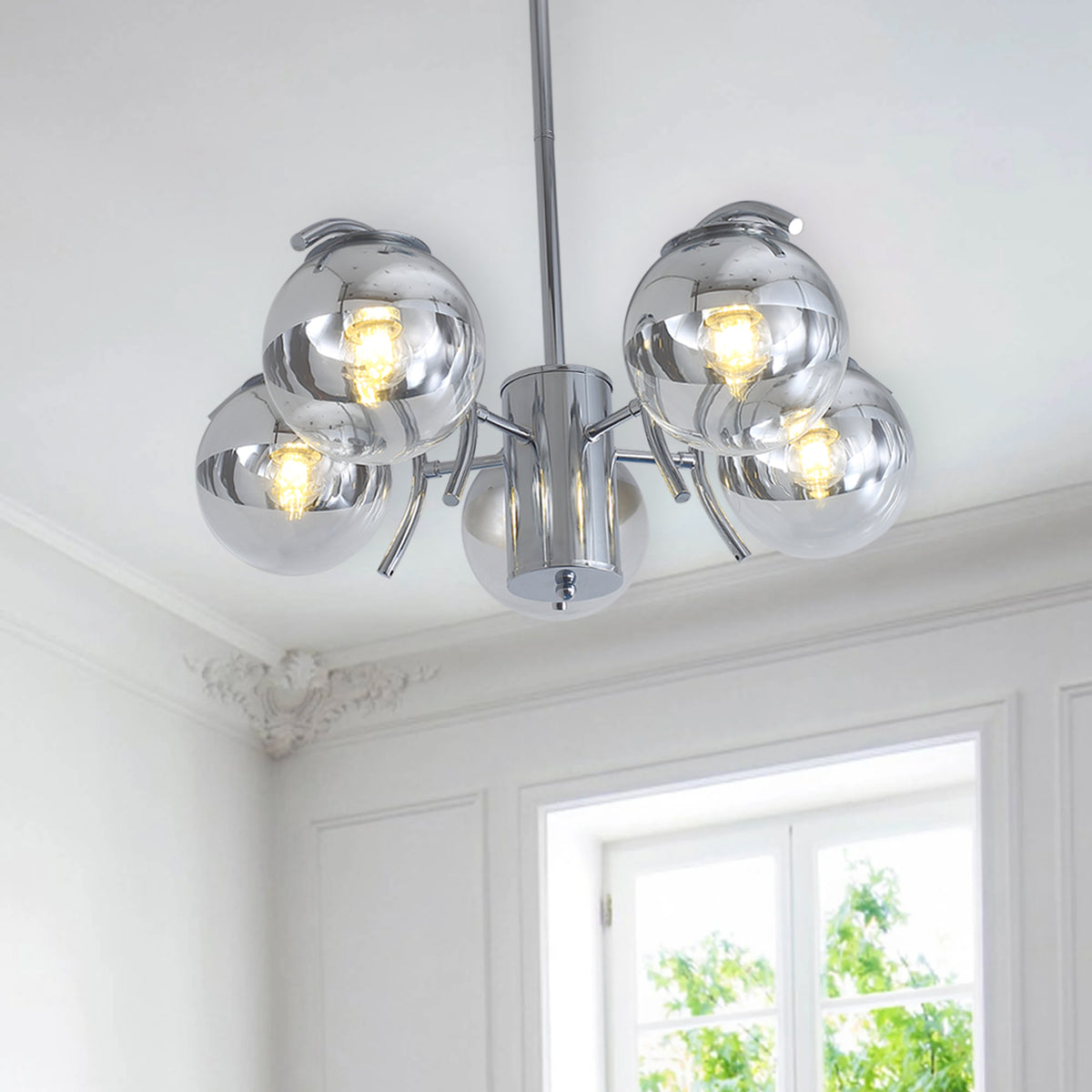 Misty Valley Modern American Chandelier-Silver Iron Glass Lampshade -6 Bulbs -E26 Lamp Holder