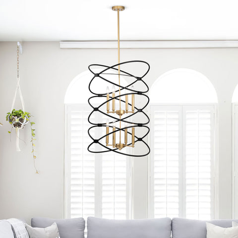 Misty Valley 8-Light Transitional Black Metal Chandelier Fixture,2-Tier-Candle Ceiling Light for Living Room, Bedroom, Dining Room，Dimmable，E12，W23.6*H55Transitional Gold/Matte Black Metal Chandelier,2-Tier-Candle Ceiling Light for Living Room, W23.6*H55