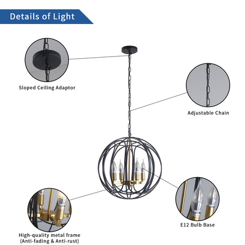 Misty Valley 4-Light Modern American Spherical Globo Chandelier,Classic Iron Metal Ceiling Light