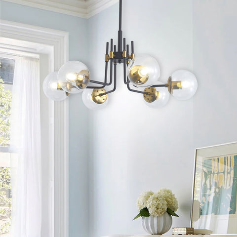Misty Valley Modern 6-light American style Chandelier Black Gold Iron Glass Lampshade for Living Room