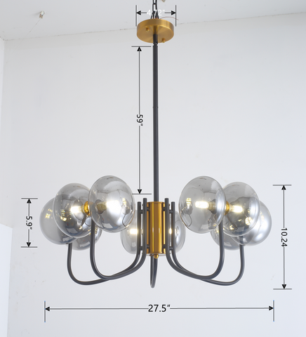 Misty Valley Modern American Chandelier-Black Gold Iron Glass Lampshade -10 bulbs -G9 Lamp Holder