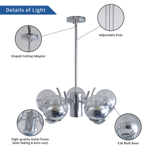Misty Valley Modern American Chandelier-Silver Iron Glass Lampshade -6 Bulbs -E26 Lamp Holder
