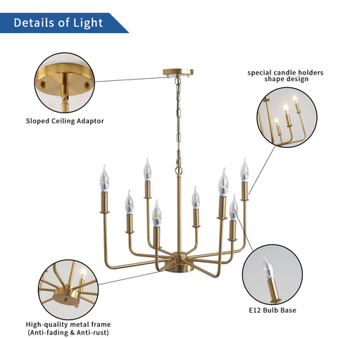 Misty Valley Modern Mid-Century 8-Light Candle Shape Golden Iron Chandelier ,E12 Lamp Holder